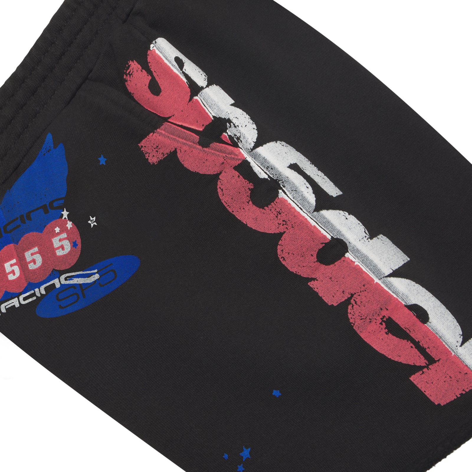 Black cotton fleece sweatshort with red, white, and blue graphic print, drawcord waistband, and raw hem.