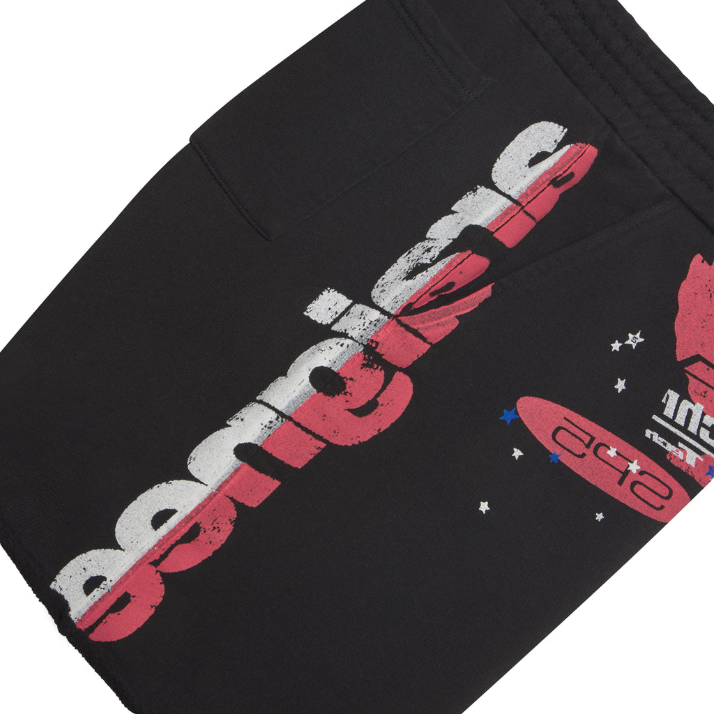 Black cotton fleece sweatshort with "Bombi" graphic print and red, white, and blue design.