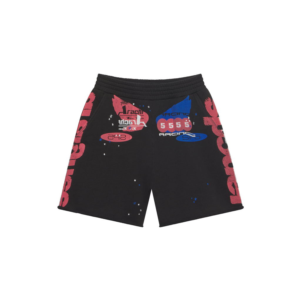 Black cotton fleece sweatshorts with red and blue racing graphic print, drawcord, and raw hem.