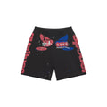 Black cotton fleece sweatshorts with red and blue racing graphic print, drawcord, and raw hem.