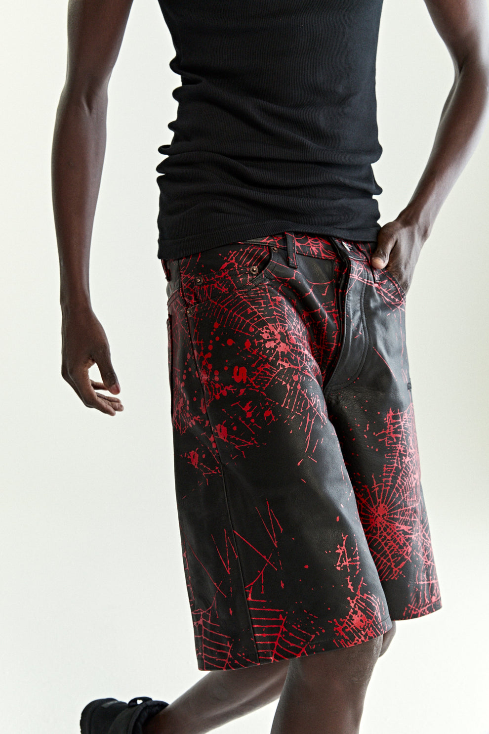 BLACK V2 WEB LEATHER SHORTS ON MODEL
