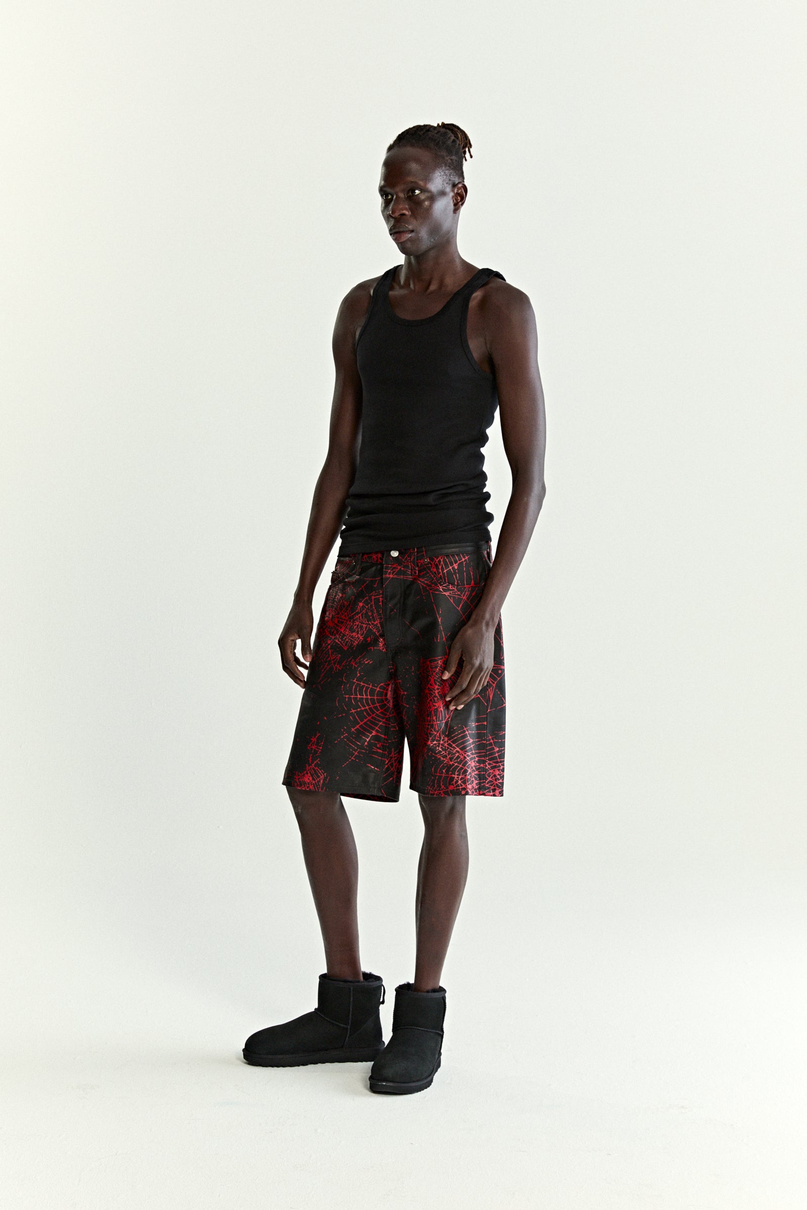 BLACK V2 WEB LEATHER SHORTS ON MODEL