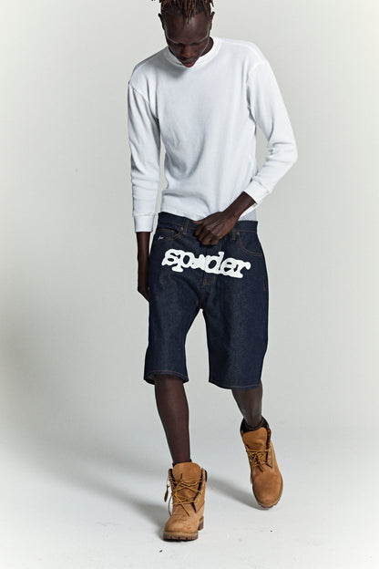 INDIGO V3 LOGO DENIM SHORT ON MODEL
