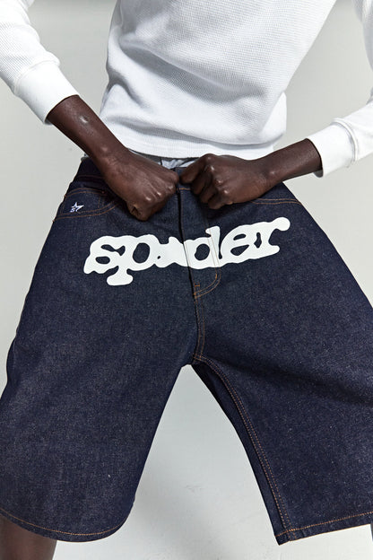 INDIGO V3 LOGO DENIM SHORT ON MODEL