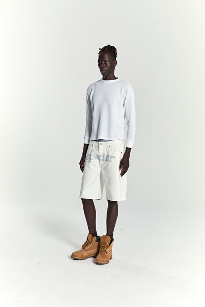 WHITE V3 LOGO DENIM SHORT ON MODEL