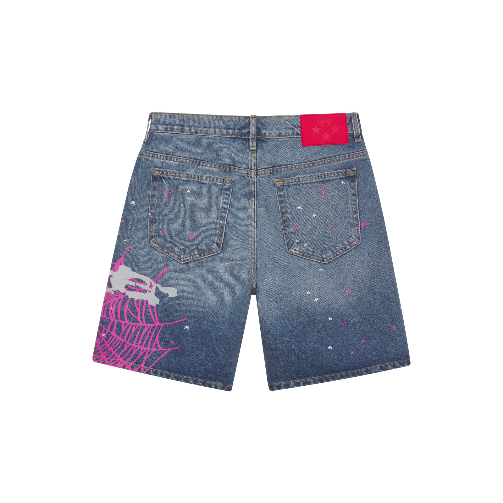 Blue denim shorts with pink web print, scattered stars, and a red SP5DER leather patch.