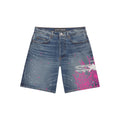Blue denim shorts with heavy web print, scattered stars, and SP5DER branding.