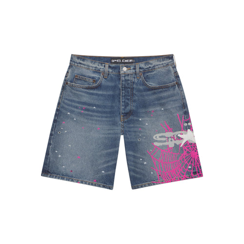 Blue denim shorts with heavy web print, scattered stars, and SP5DER branding.