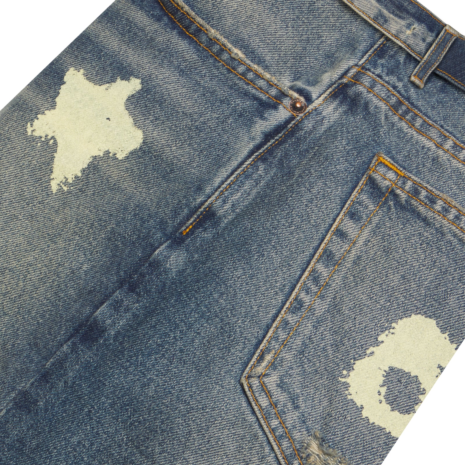 Blue cotton denim shorts with white Beluga print, five-pocket styling, and copper rivets.
