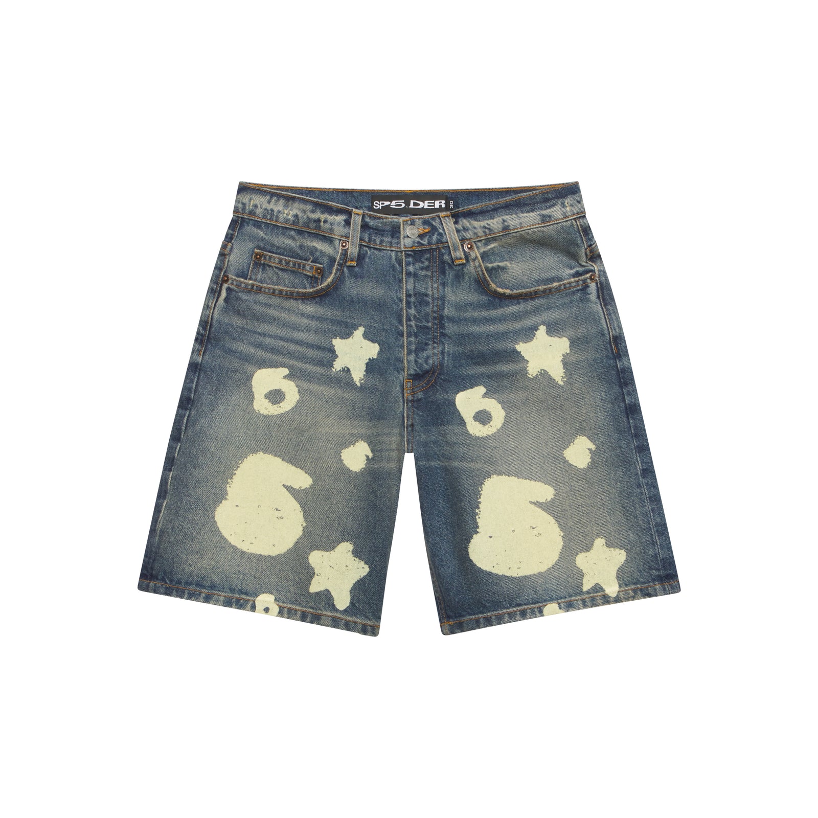 BELUGA DENIM SHORT: Blue 100% cotton denim shorts with white beluga print, five-pocket styling, and SP5DER hardware.