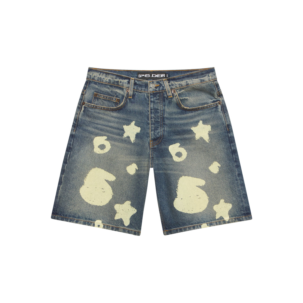 BELUGA DENIM SHORT: Blue 100% cotton denim shorts with white beluga print, five-pocket styling, and SP5DER hardware.