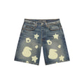 BELUGA DENIM SHORT: Blue 100% cotton denim shorts with white beluga print, five-pocket styling, and SP5DER hardware.