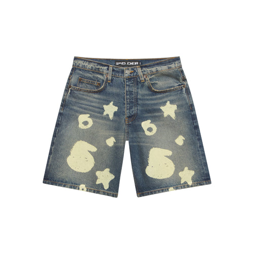BELUGA DENIM SHORT: Blue 100% cotton denim shorts with white beluga print, five-pocket styling, and SP5DER hardware.