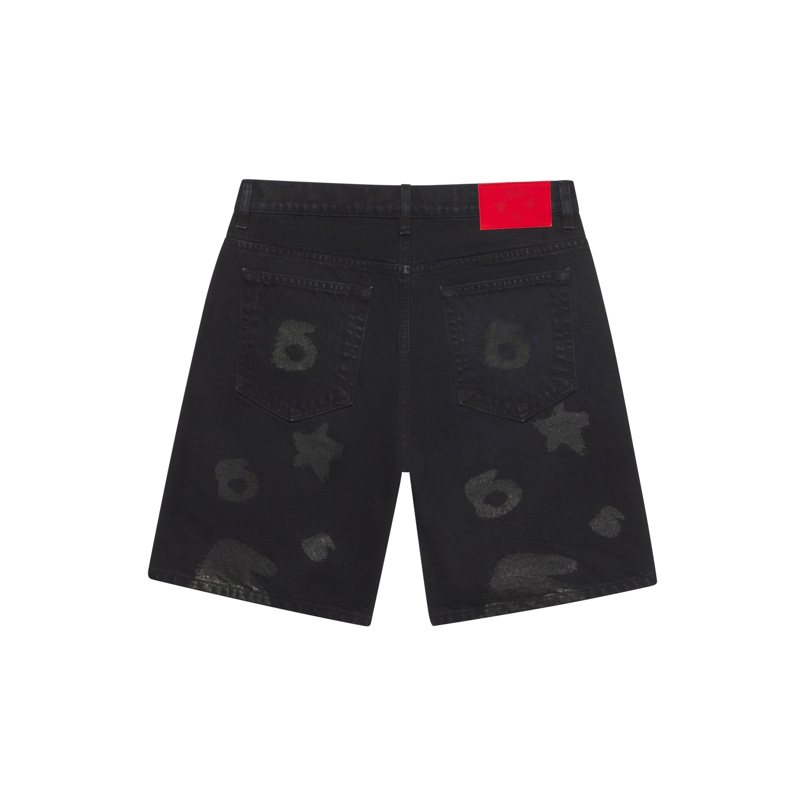 Black BELUGA DENIM SHORT with beluga print, five-pocket styling, and red leather patch.