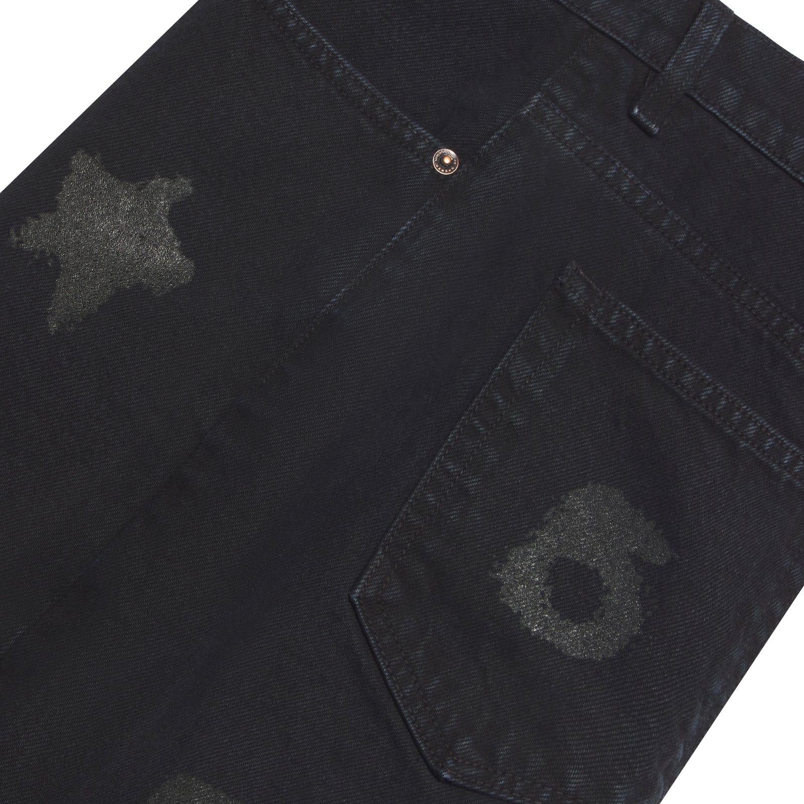 Black cotton denim shorts with a subtle Beluga print star and spider design.