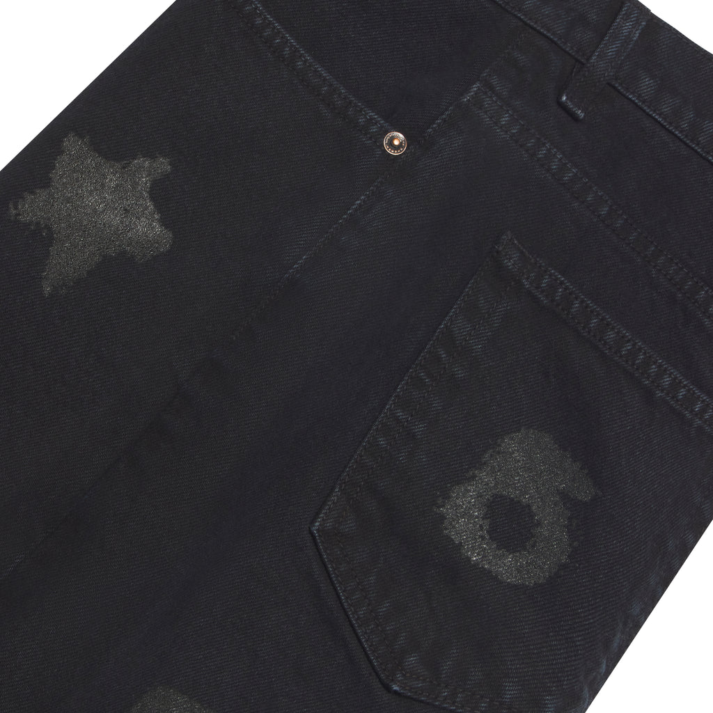Black cotton denim shorts with a subtle Beluga print star and spider design.