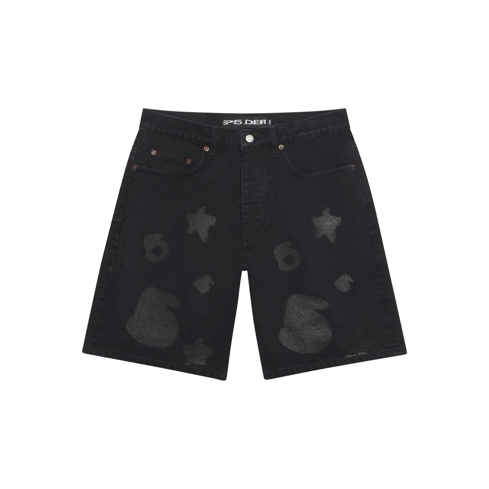 Black 100% cotton denim shorts with faded Beluga print, five-pocket styling, and SP5DER branding.