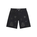 Black 100% cotton denim shorts with faded Beluga print, five-pocket styling, and SP5DER branding.