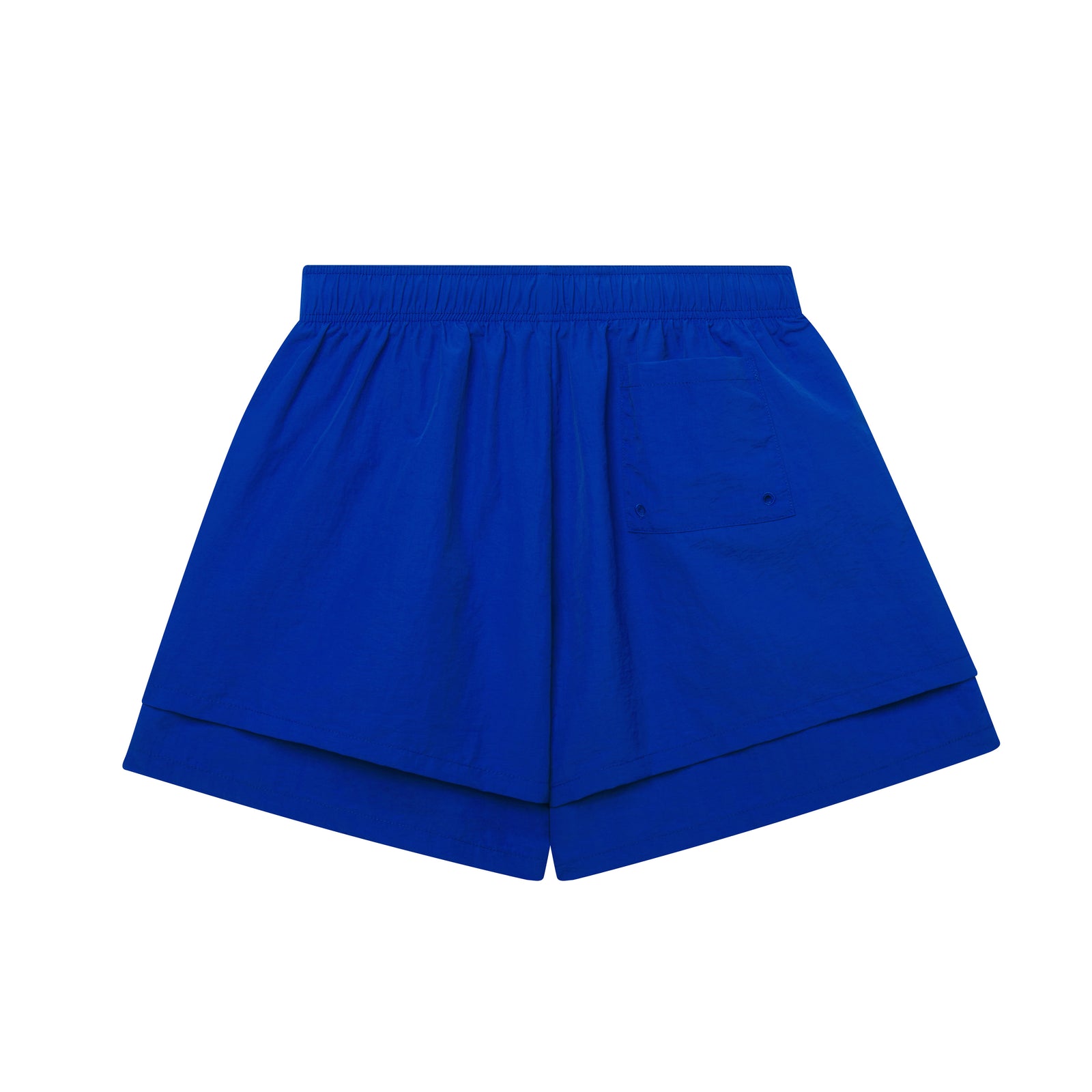BELUGA DOUBLE LAYER SHORT: Blue 4oz water repellent nylon shorts with high-low double layer design and patch back pocket.