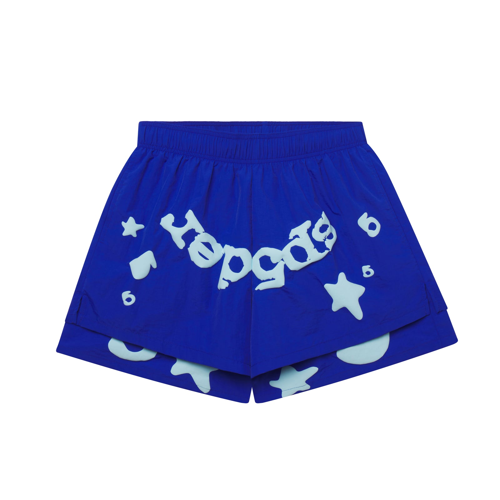 Beluga Double Layer Short in royal blue water-repellent nylon with light blue Beluga print, high-low design.