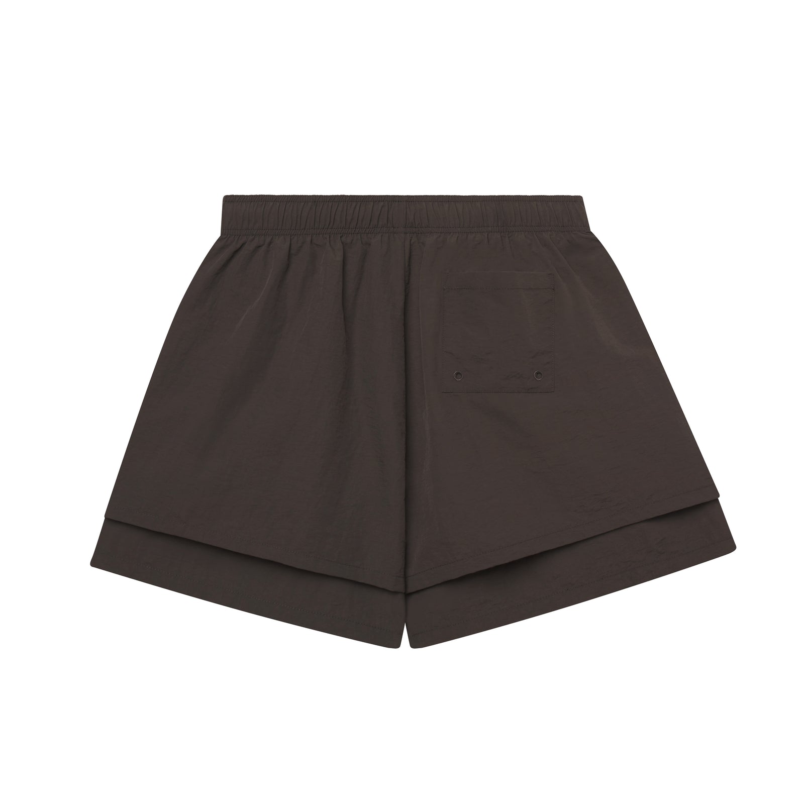 Beluga Double Layer Short in dark brown water-repellent nylon with high-low design and back pocket.