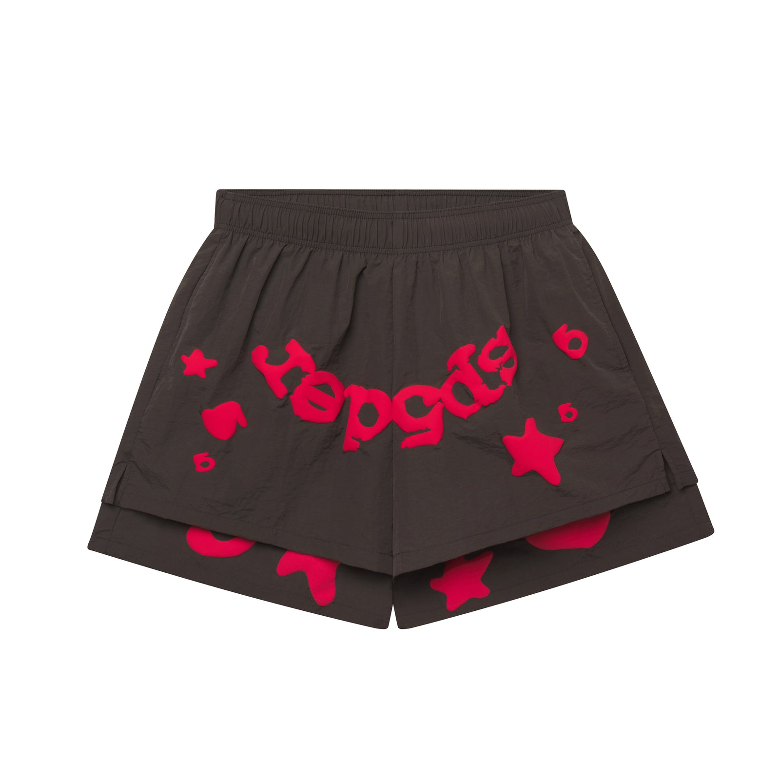 Beluga Double Layer Short: Dark brown water-repellent nylon shorts with red "Beluga" print and stars.