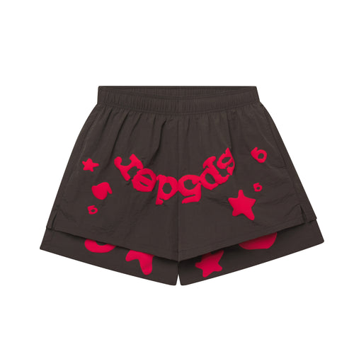 Beluga Double Layer Short: Dark brown water-repellent nylon shorts with red "Beluga" print and stars.