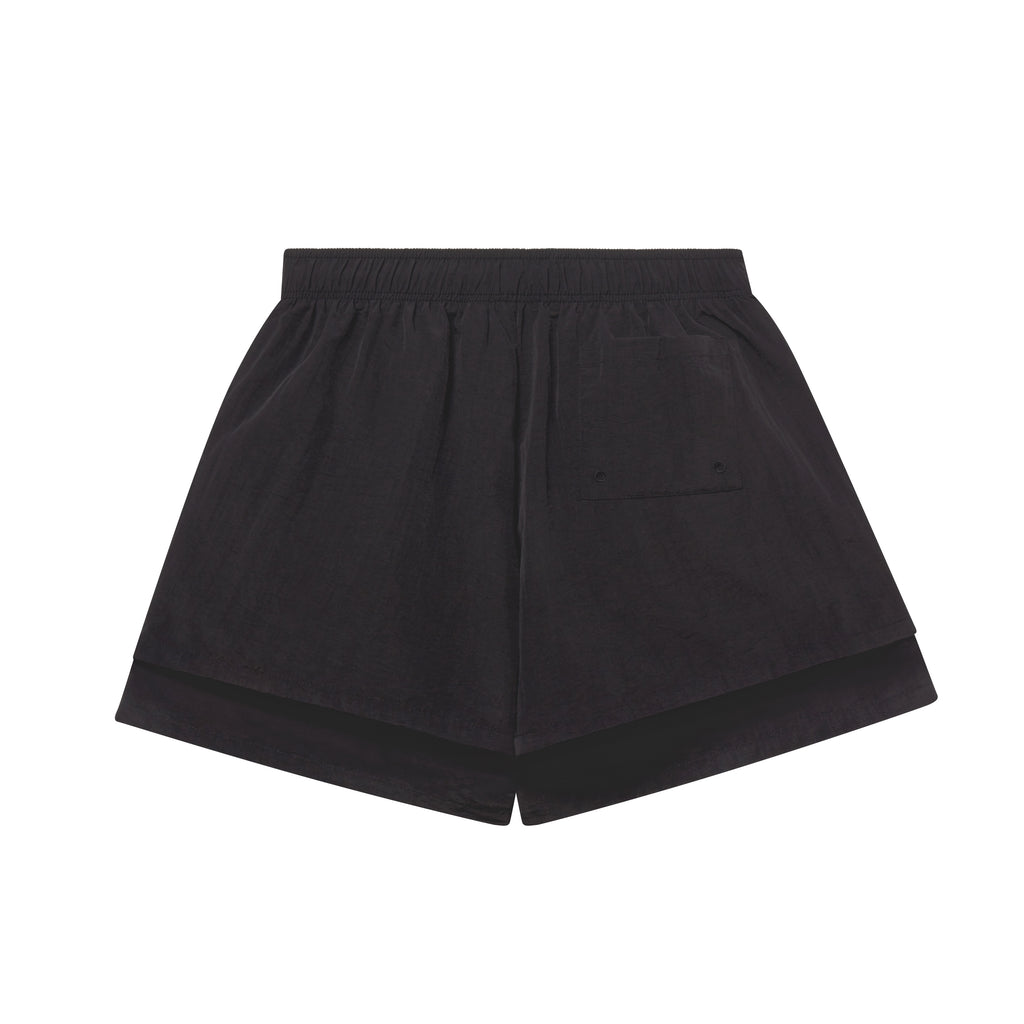 Back of Black water-repellent nylon shorts with pink "Sp5der" text, star print, and elastic waistband.