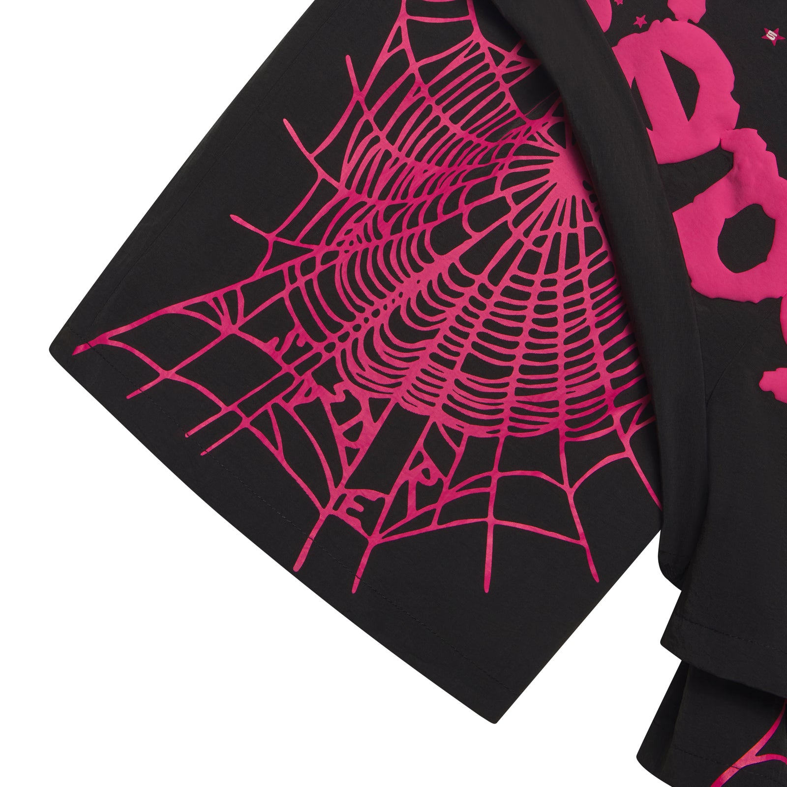 Black water-repellent nylon double-layer short with pink spider web print and OG SP5DER text.