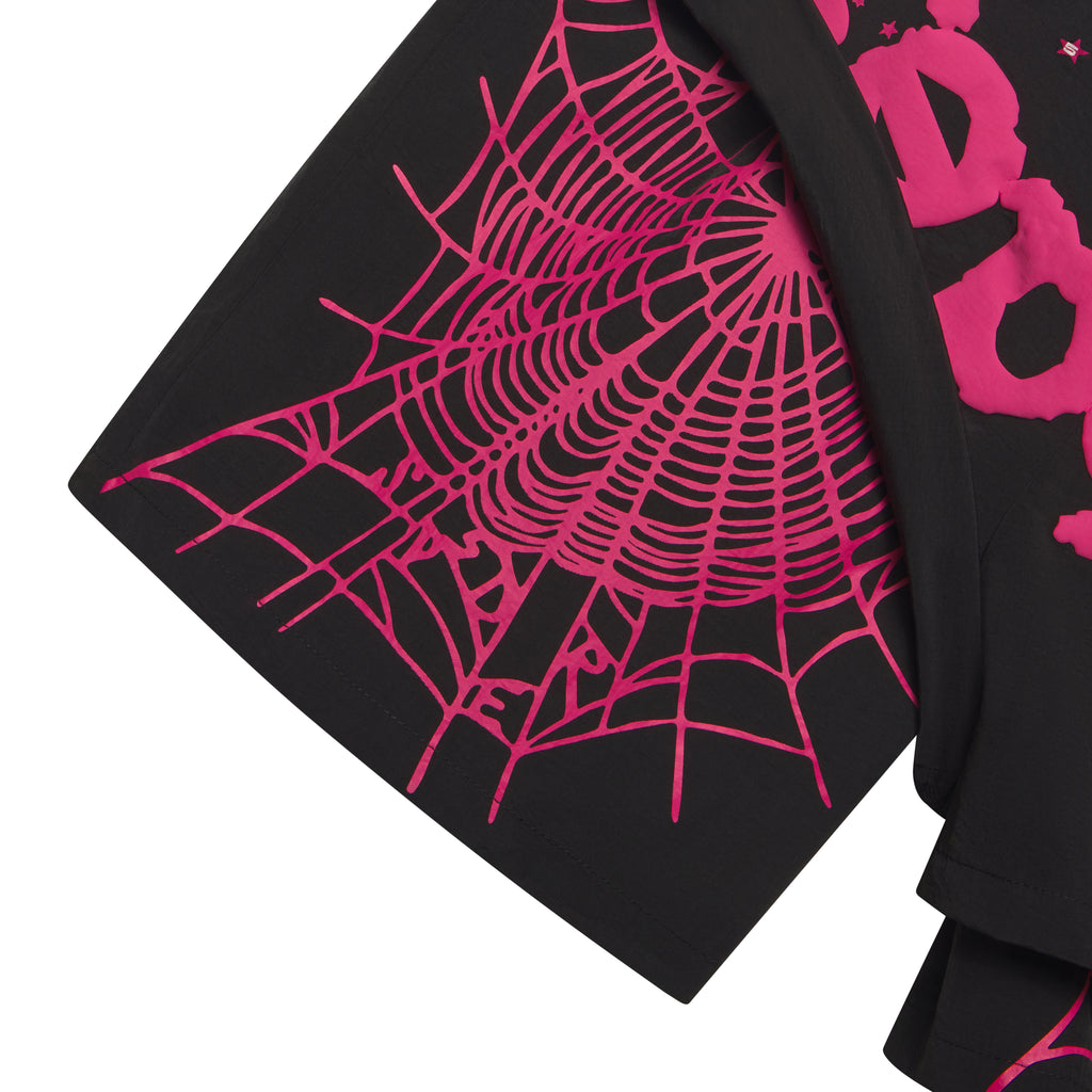 Black water-repellent nylon double-layer short with pink spider web print and OG SP5DER text.