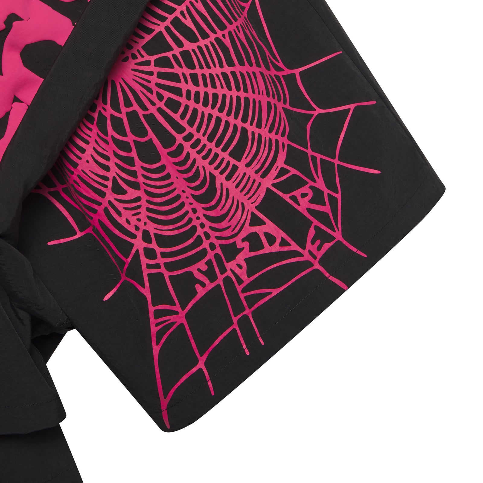 Black OG WEB DOUBLE LAYER SHORT with vibrant pink spiderweb print on water repellent nylon.