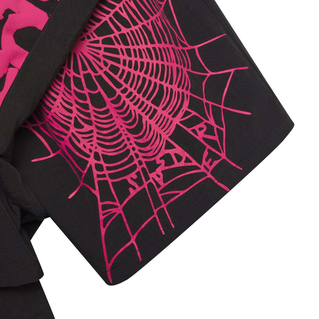 Black OG WEB DOUBLE LAYER SHORT with vibrant pink spiderweb print on water repellent nylon.
