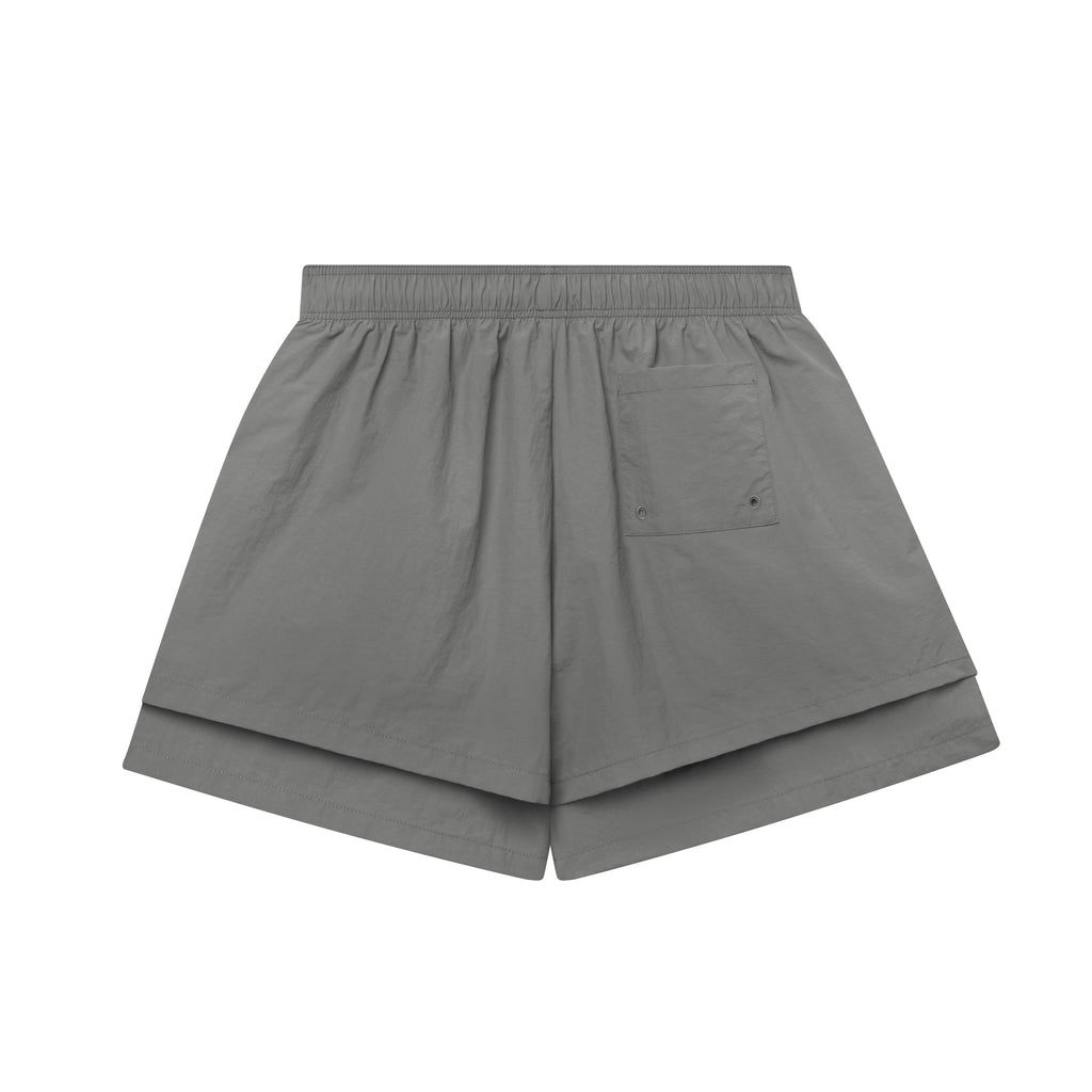 Gray OG WEB DOUBLE LAYER SHORT with blue "SP5DER" text and star print.