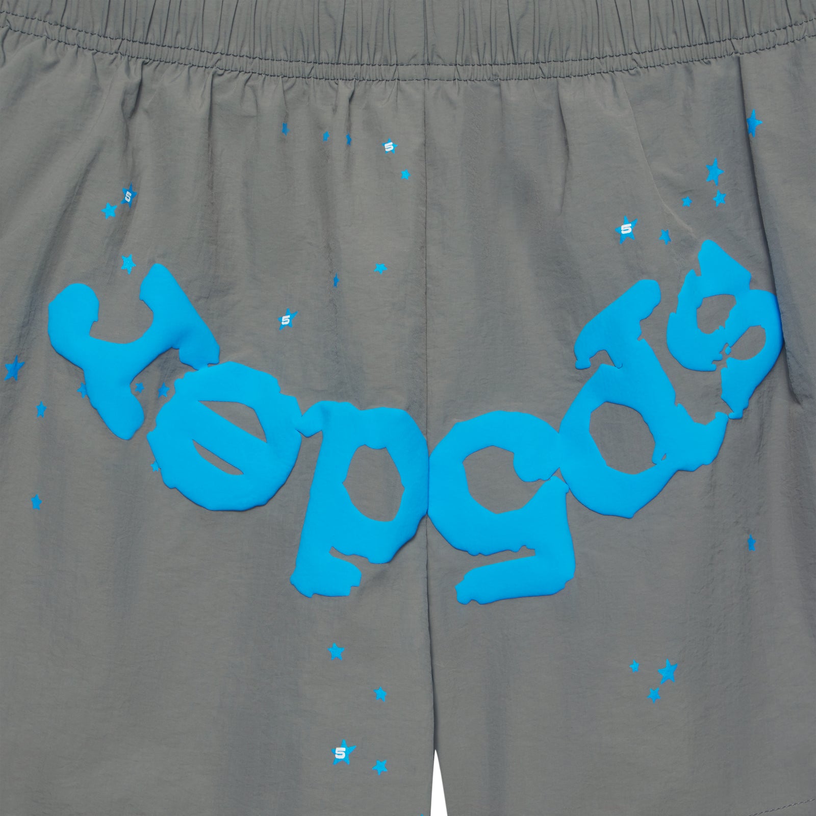 Gray OG WEB DOUBLE LAYER SHORT with blue "SP5DER" text and star print.