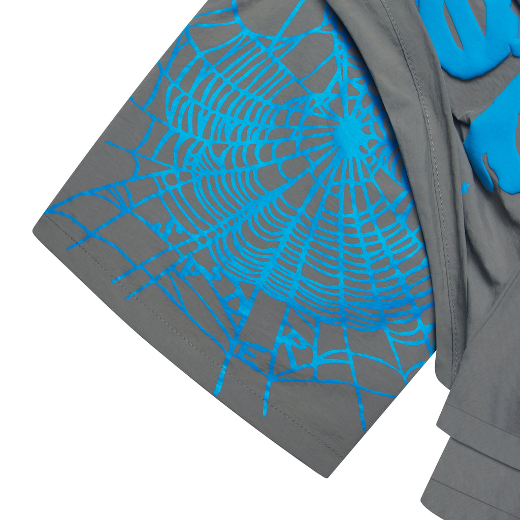 Gray OG WEB DOUBLE LAYER SHORT with blue spider web and OG SP5DER text print.