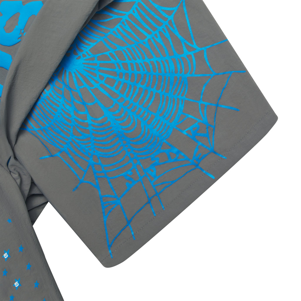 Gray OG WEB DOUBLE LAYER SHORT with blue spider web and star print.