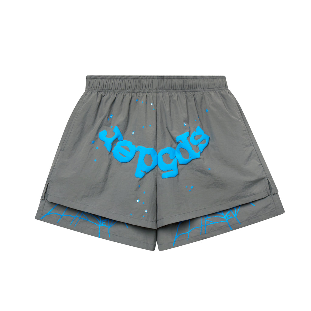 Gray OG WEB DOUBLE LAYER SHORT with blue "SP5DER" text and star print.