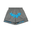 Gray OG WEB DOUBLE LAYER SHORT with blue "SP5DER" text and star print.