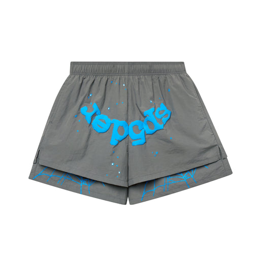 Gray OG WEB DOUBLE LAYER SHORT with blue "SP5DER" text and star print.