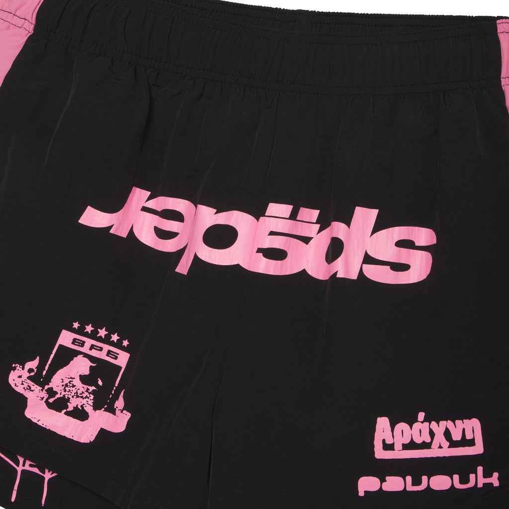Black 4oz water repellent nylon double layer shorts with pink graphic print, wide side stripe, and elastic waistband.