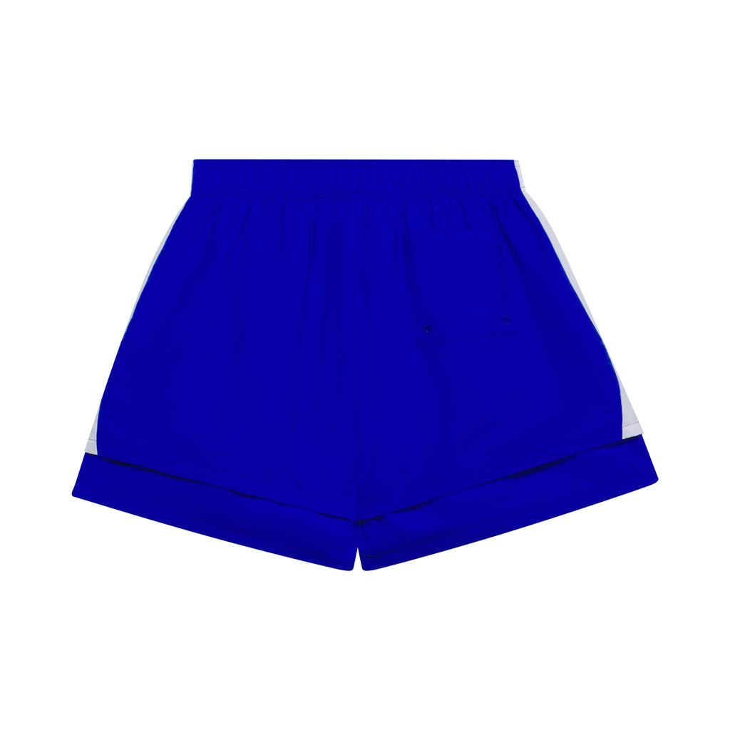 Blue double layer soccer shorts with white side stripes and a patch back pocket.