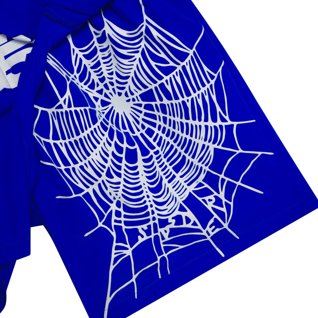 Blue double layer soccer shorts with white web graphic print on inner layer.