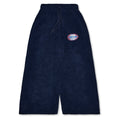 Navy sherpa wide leg pants with drawstring waist and "Worldwide" globe patch.