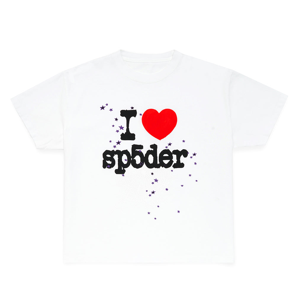 White 100% cotton men's tee with "I ❤️ sp5der" graphic and purple stars.