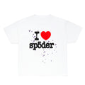 White 100% cotton men's tee with "I ❤️ sp5der" graphic and purple stars.