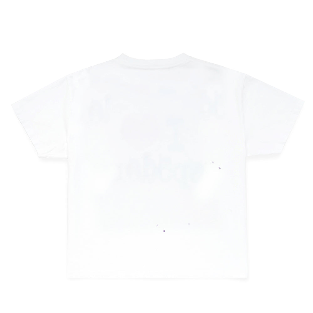 Back of a white 100% cotton men's tee with subtle purple star graphic details.