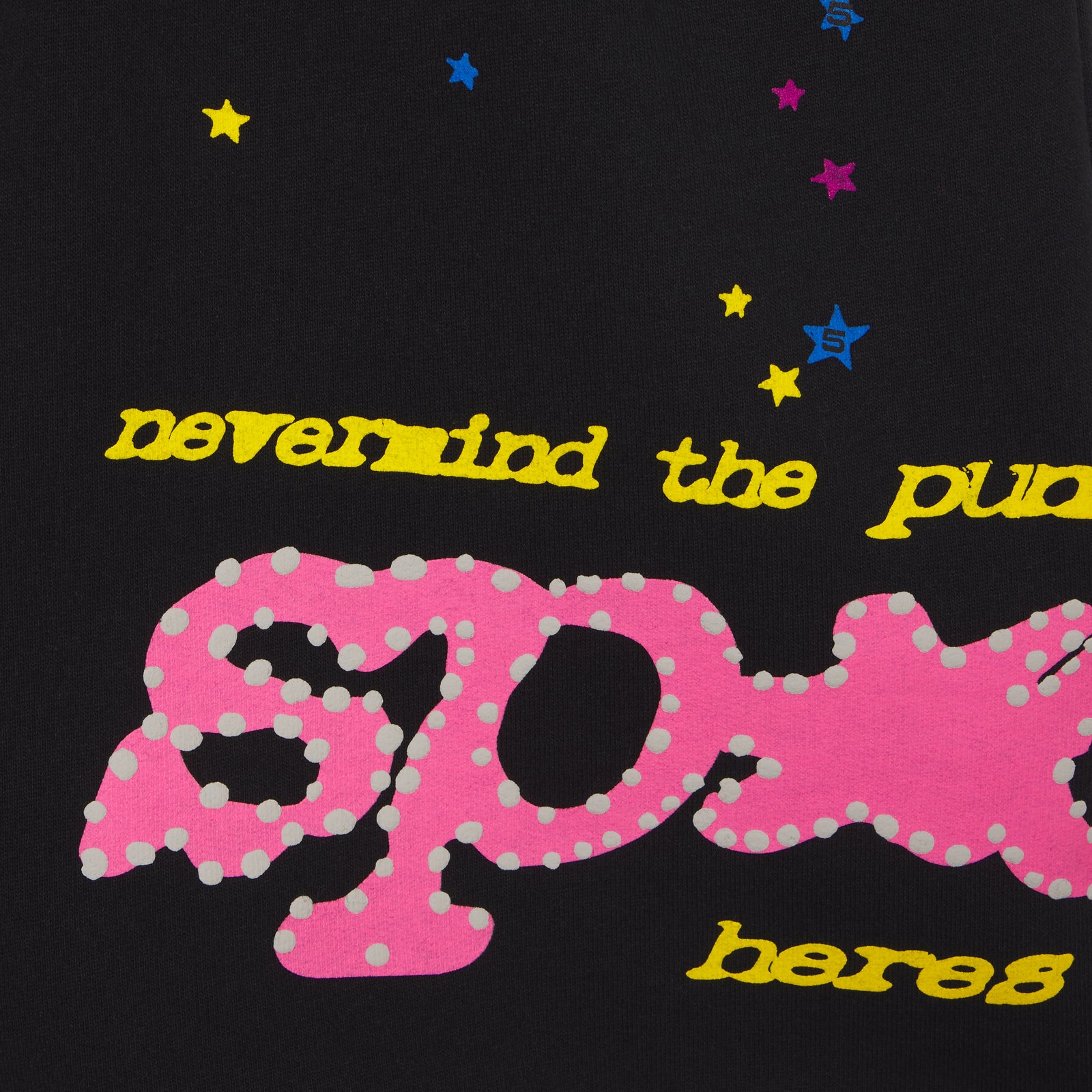 Black PUNK V2 SWEATSHORT with pink SP5DER text, yellow "never mind the pu" and "beres" text, and scattered colorful stars.