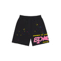Black cotton fleece sweatshorts with "P*NK SP5DER" text, scattered stars, drawcord, and raw hem.