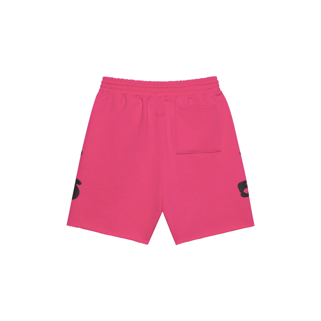 Pink Beluga sweatshorts with black print, drawcord, back pocket, and raw hem.