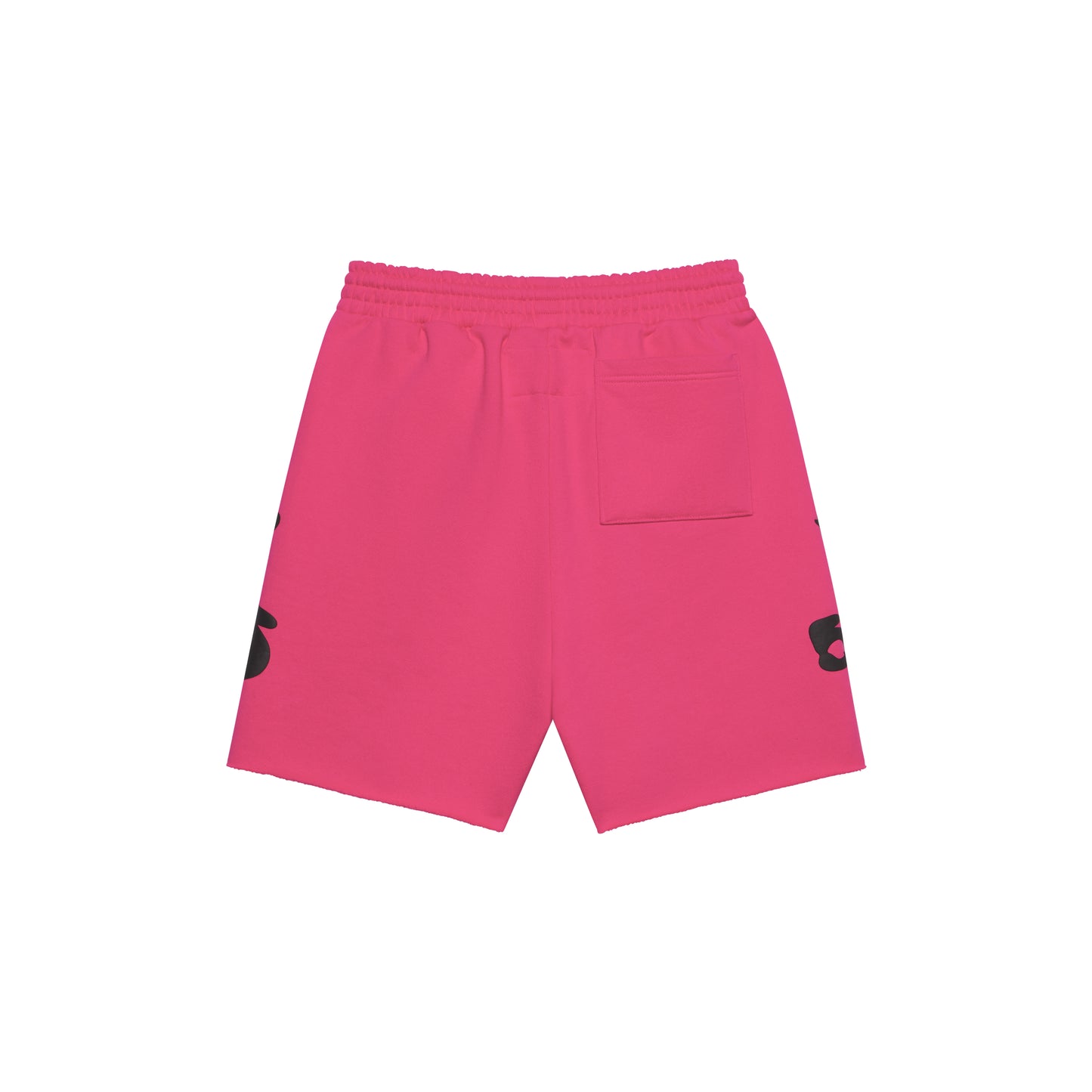 Pink Beluga sweatshorts with black print, drawcord, back pocket, and raw hem.
